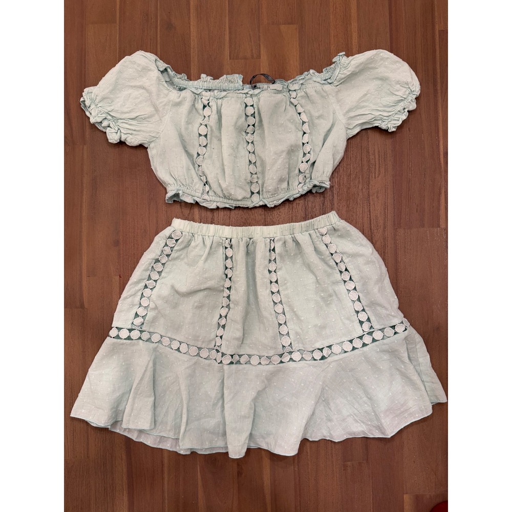 Mint Green Swiss Dot Crochet Lace Two Piece Set Crop Top Mini Skirt‎ S